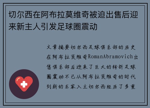 切尔西在阿布拉莫维奇被迫出售后迎来新主人引发足球圈震动