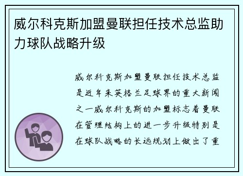 威尔科克斯加盟曼联担任技术总监助力球队战略升级